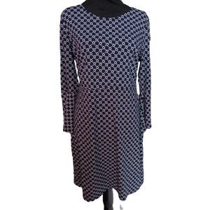 Annick Women's M Navy Blue White Midi Dress with Bell Sleeves